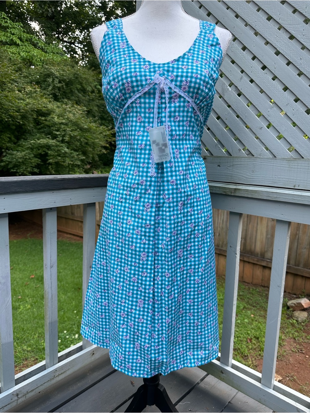 Vintage 90’s dead stock Blue and white gingham dress with floral print and lace